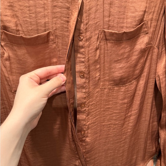 A New Day Rust Long Sleeve Satin Button-Up Shirt - Picture 3 of 4